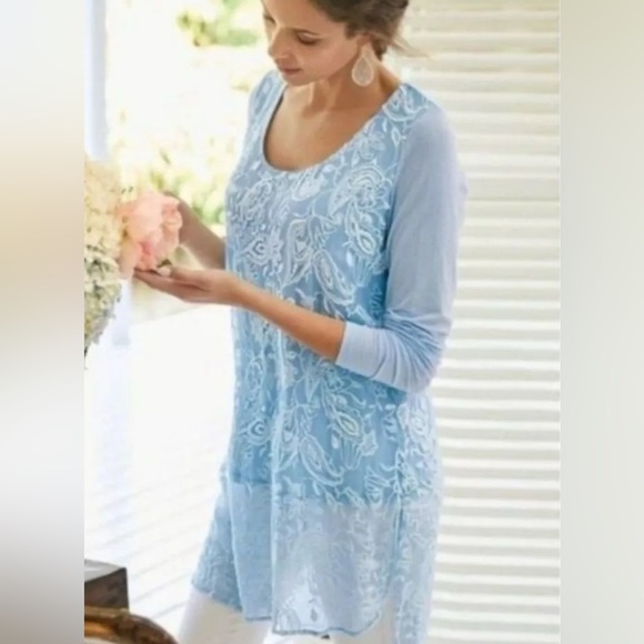 Soft Surroundings Adele Silk Viscose Tunic Top Blue 3/4 Sleeve Size Medium EUC - Picture 1 of 6